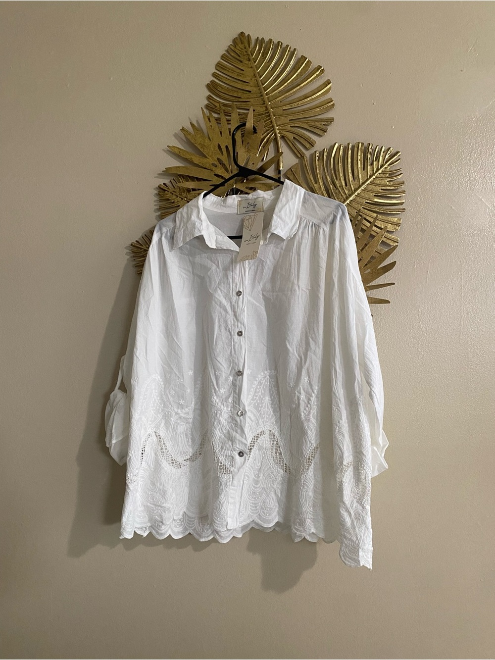 Women's White Embroidered Button-Down Shirt - Lightweight Scallop Hem